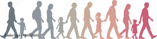 Human life stages illustration showing people walking through generations, colorful silhouettes representing family growth, aging process, unity, diversity, and life journey concept