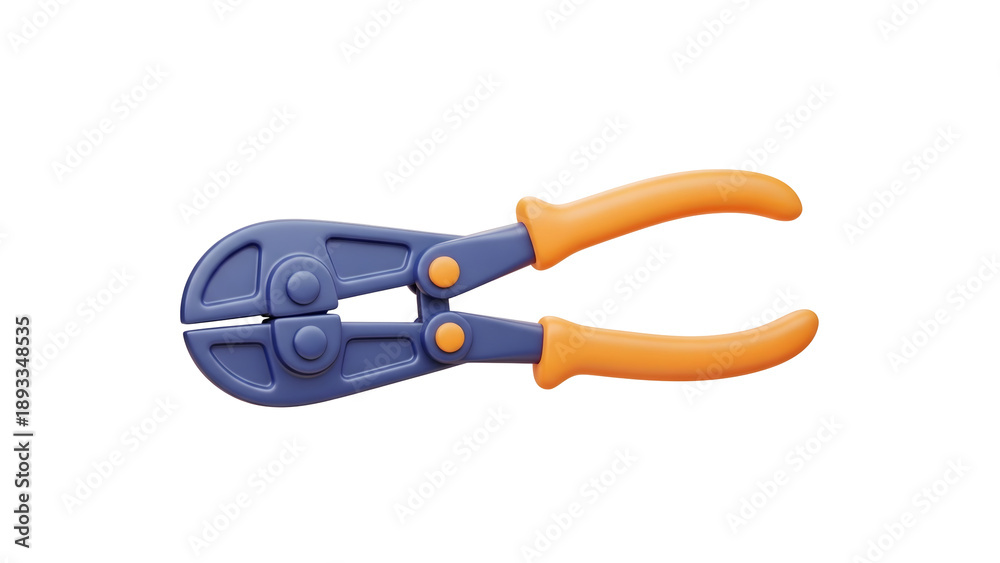 Fototapeta premium A 3D pair of blue and orange bolt cutters on a plain background viewed from directly above