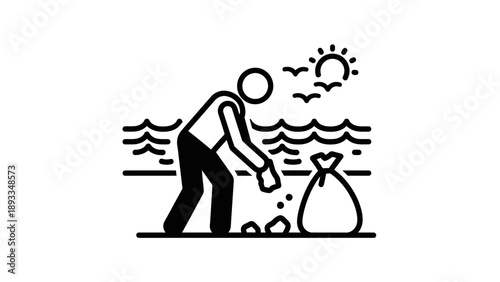 Person collecting trash on a beach with a garbage bag.