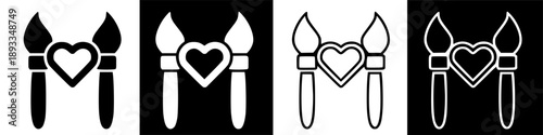 Stylized graphic icon of two artist paintbrushes embracing a heart, symbolizing creativity and affection