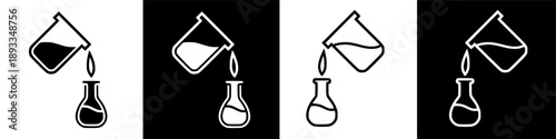 Liquid being poured from beaker to flask, scientific experiment process illustration