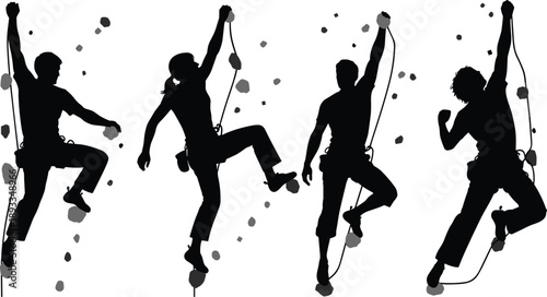 Rock climbing silhouette collection showing climbers ascending with ropes and harnesses, dynamic human action poses isolated in black for adventure and outdoor sport concept
