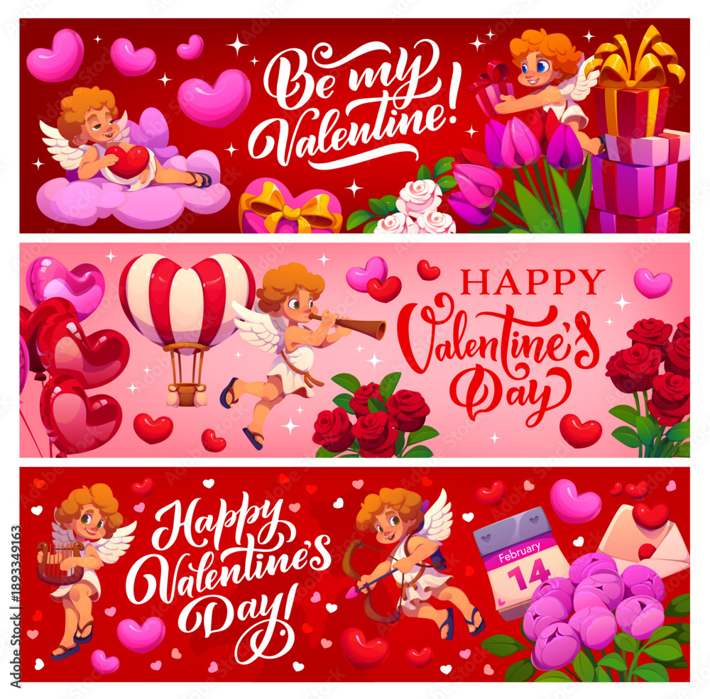 Fototapeta premium Happy Valentine Day love holiday vector banners. Cartoon cute Cupids characters with Valentines Day hearts, romantic gift boxes, flowers and balloons, love holiday cards or banners set with greetings