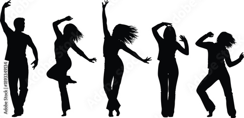 Silhouettes of dancing people showing expressive body movement, dynamic human poses isolated in black for music, rhythm, performance, and creative dance concept