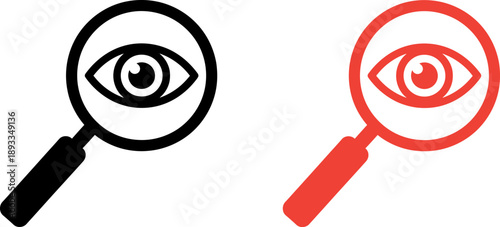 Magnifying glasses with eye icons in black and red