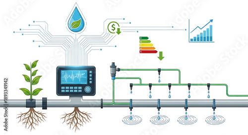 Smart irrigation system with digital controller and sensor monitoring water usage and plant growth for efficient agriculture