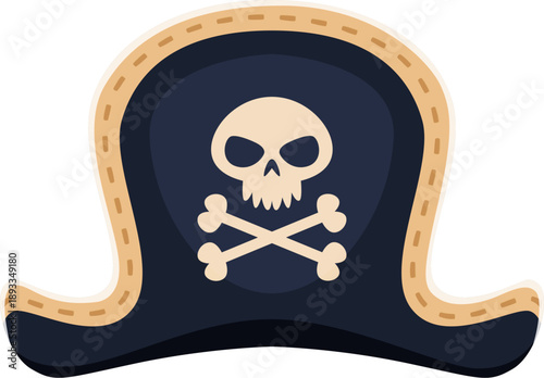 Pirate tricorn and corsair captain hat. Cartoon vector black cocked hat, Caribbean sea headdress with jolly roger skull and crossbones. Piracy headgear, sailor cap. Filibuster costume dress accessory