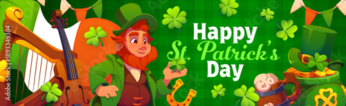 Leprechaun with shamrock clover on happy St Patrick's day banner. Ireland Saint Patrick folk holiday vector poster, Irish party banner with leprechaun character, harp, violin and flag, shamrock cloves