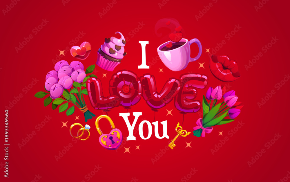 Fototapeta premium Valentine's day quote i love you, holiday greeting card. Romance holiday vector saying, love quote. Saint Valentine day phase with balloons, flowers, coffee, cupcake, padlock and engagement rings
