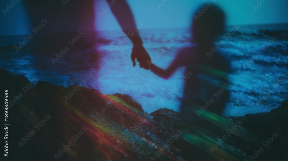 Fototapeta premium Blurred silhouette of adult and child holding hands at night by the ocean used for family health awareness or world kidney day campaign with artistic lighting