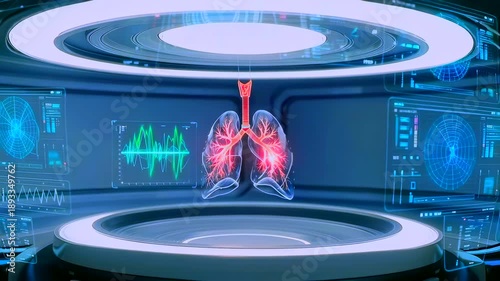 Futuristic lung visualization, Holographic display of respiratory system, Cuttingedge holographic technology showcasing airway anatomy and respiratory performance for diagnostics