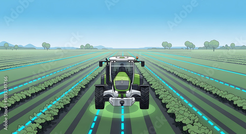 Tractor precision farming with automated irrigation system in a vast agricultural field under clear blue sky