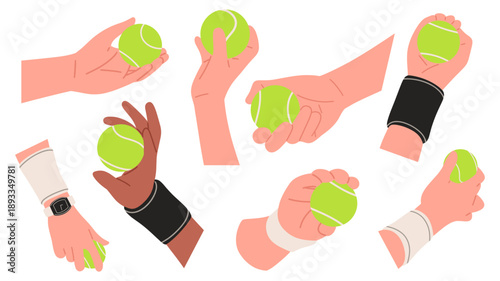 set of hands holding green tennis balls in different positions and skin tones. Concept of tennis sport, training, grip techniques, fitness, and athletic lifestyle. Suitable for sports education, coach