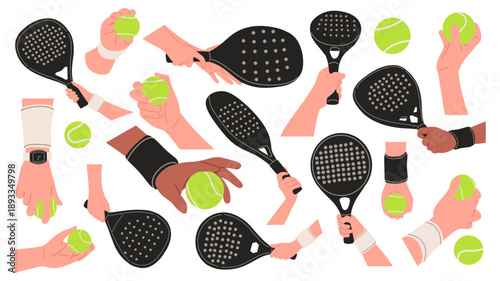 set featuring padel rackets and balls held in different hand positions, demonstrating grip techniques, serving preparation, and gameplay concepts. ideal for padel training materials, app, website 