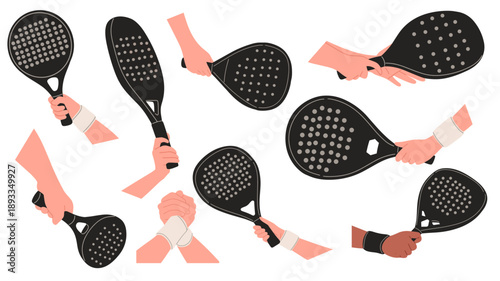 set featuring padel rackets held in various hand positions, showing grip styles, readiness, and sport action concepts. ideal for padel training materials, sports equipment promotion, fitness content