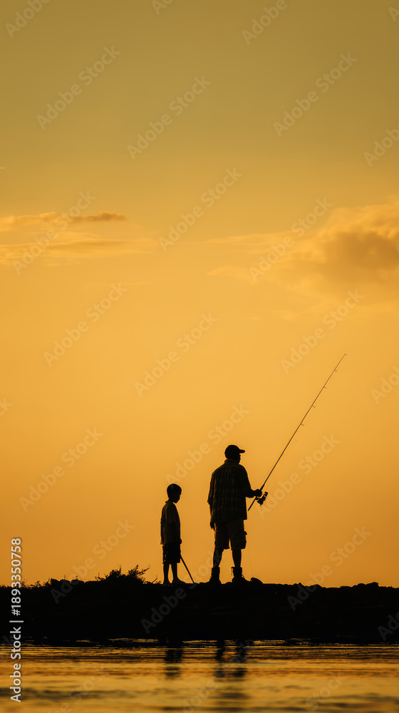 Fototapeta premium Father son silhouette fishing sunset sea beach horizon vacation family bonding tranquil evening shore scene with calm water reflection