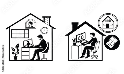 Hybrid Work Icons. Remote and hybrid workplaces. Icon set. Set Logo of Remote and hybrid workplaces: home office desk setup. harmonious logo variations of the