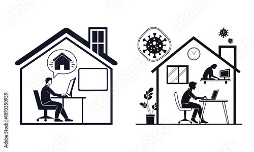 Hybrid Remote Work Silhouette Vector. Freelancer Home Office Concept. Digital Nomad, Telecommuting, Laptop User, Business, Minimalist Icon, Plant, Desk, Isolated Graphic, Black.