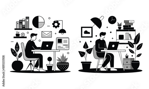 Hybrid Remote Work Silhouette Vector. Freelancer Home Office Concept. Digital Nomad, Telecommuting, Laptop User, Business, Minimalist Icon, Plant, Desk, Isolated Graphic, Black.