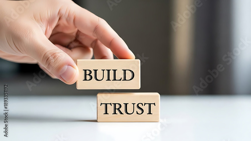 A hand building trust with wooden blocks on a white surface