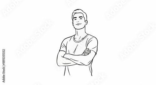 Young man standing with arms crossed confident pose line drawing.