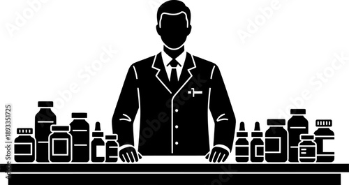 Professional pharmacist standing behind counter with various medicine bottles on display, ready to assist customers with their healthcare needs