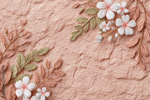 Delicate White Cherry Blossoms With Green Leaves On A Textured Rose Gold Background With Stone Overlay