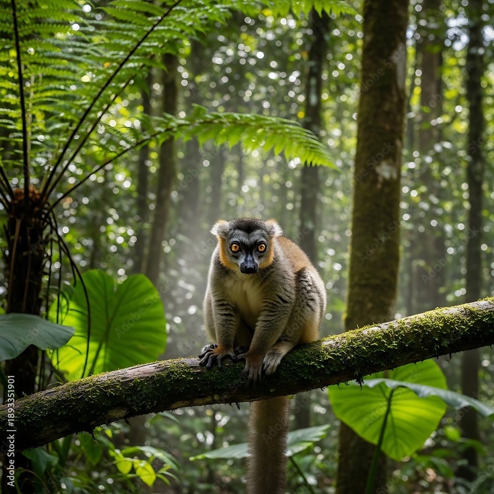 Obraz premium Lemurs Gaze - A Primate Portrait in Madagascars Lush Rainforest.