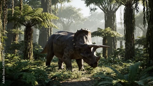 A majestic triceratops roaming through a lush prehistoric forest, surrounded by tall trees and dense foliage, captured in a cinematic viewpoint.
