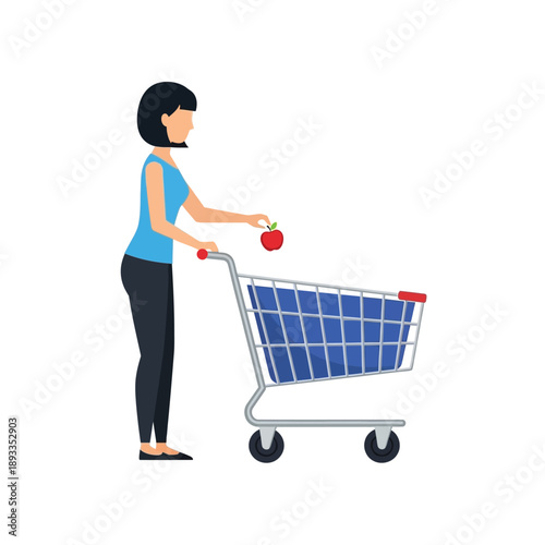 Woman holding strawberry while pushing shopping cart