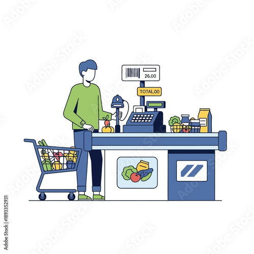 Man scanning items at supermarket checkout counter illustration