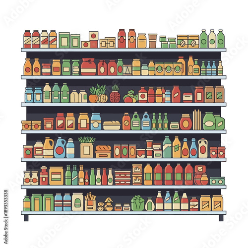 Grocery products on shelves in a colorful supermarket illustration viewed frontally