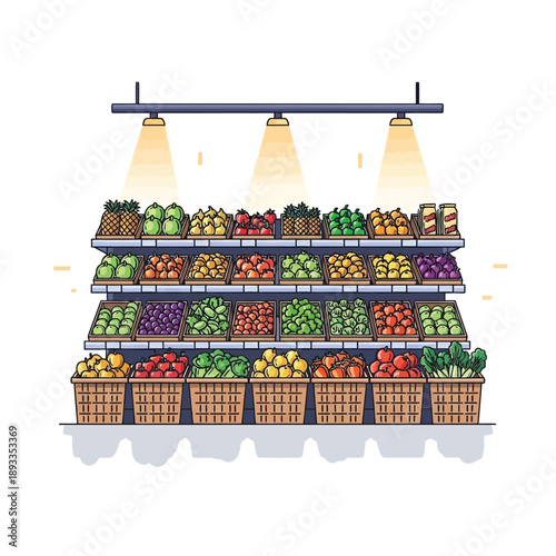 Fresh produce display on three tiered shelves with baskets and lights