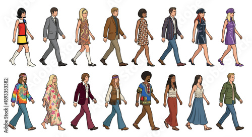 Retro 1960s and 1970s fashion people walking vector illustration