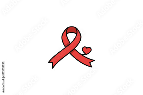 Red Ribbon with Heart Symbol in Simple Flat Design on White Background for AIDS Awareness Campaign
