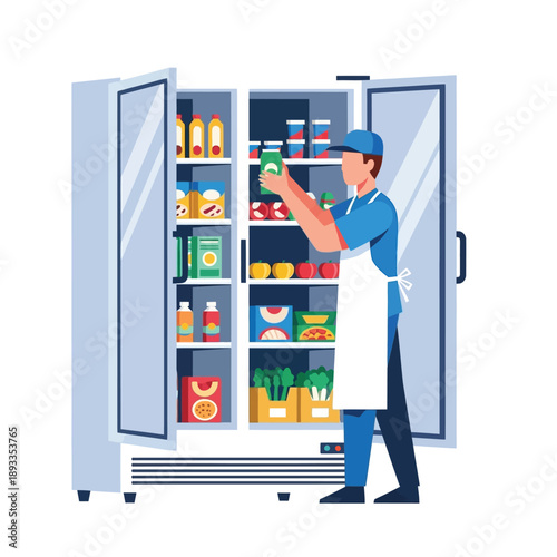 Man in apron reaching for item in open refrigerator shelves full of food and drinks