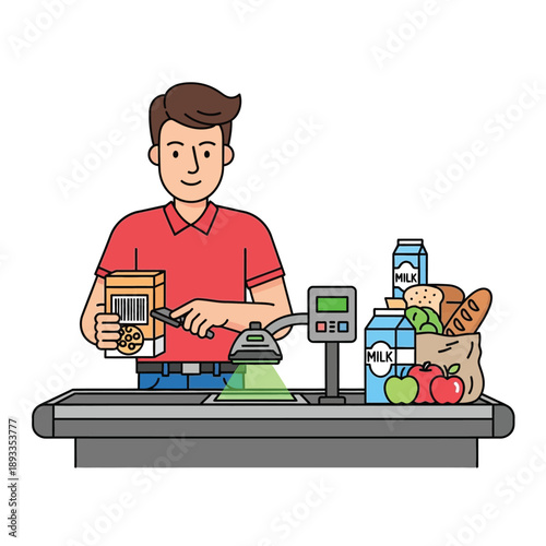 Man scanning groceries at checkout counter with various food items