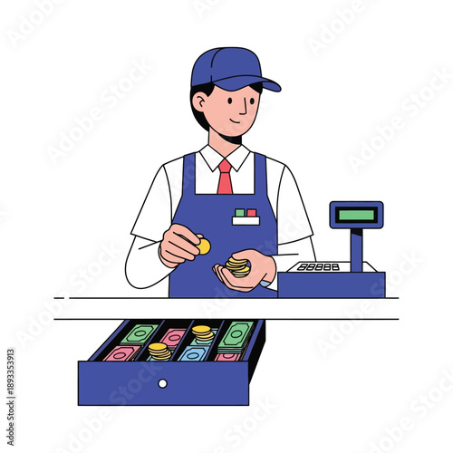 Cashier scanning items at a retail checkout counter with various products displayed