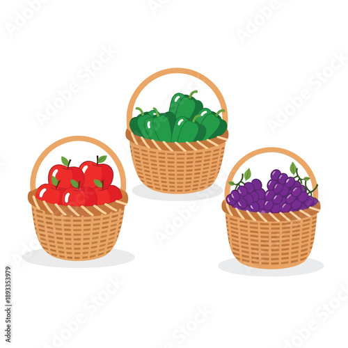 Three baskets of fresh produce displayed together