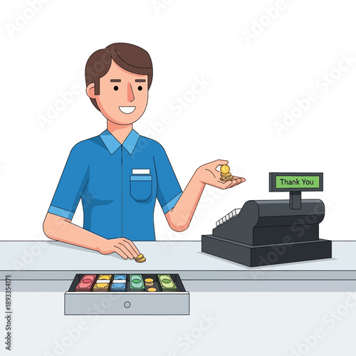 Man handing coins to customer at checkout counter indoors