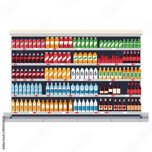 Beverage bottles on store shelves seen from the front in a supermarket