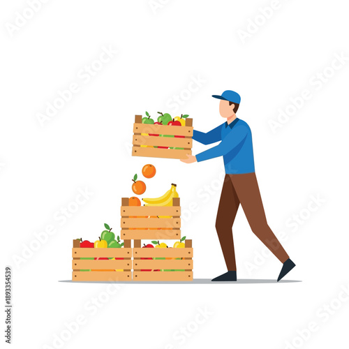 Man stacking wooden crates of fresh fruit and vegetables