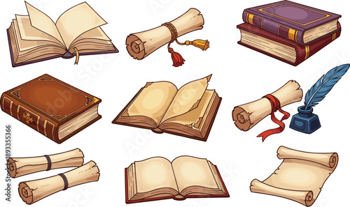 Book, scroll, quill, ink, antique, vintage, literature, manuscript, parchment, education, fantasy, history, writing, illustration, open, closed, ribbon, aged, cover, scholar, academic, artistic