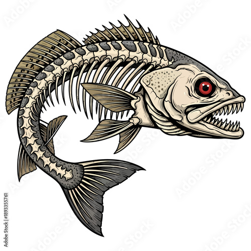 Speckled trout skeleton illustration with sharp teeth and red eyes for fishing logo or t shirt