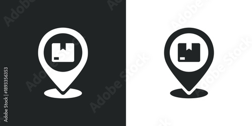 Package delivery location map pin icon for shipping tracking and logistics service point identification. Solid vector symbol illustration