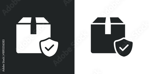 Secure delivery package icon with shield and checkmark for shipping protection and parcel insurance services. Solid vector symbol illustration