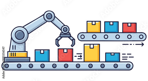 Robotic arm sorting colorful packages on conveyor belt in industrial automation setting