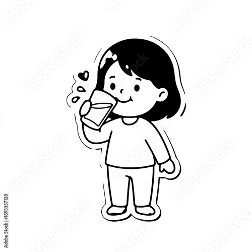 Little Girl Drinking Glass of Water Illustration Vector