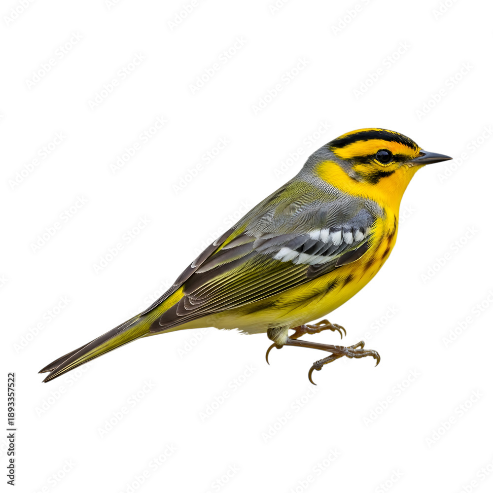 Fototapeta premium Yellow and gray bird with black stripes on head isolated on a transparent background yellow bird