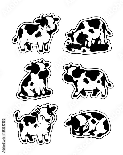 Cute cow sticker set black and white farm animal character illustrations